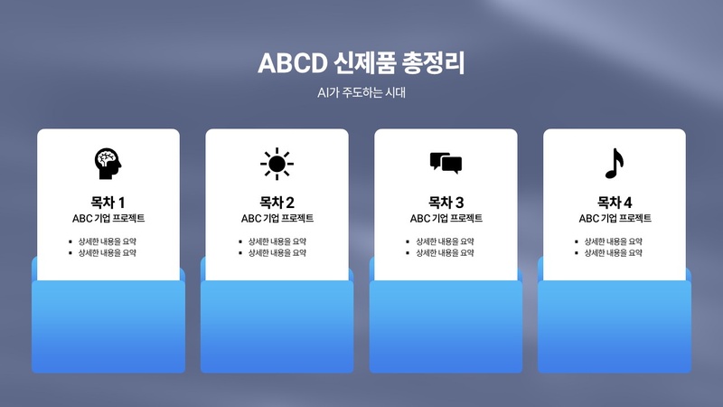 ABCD 신제품 총정리 AI가 주도하는 시대 ABC 기업 프로젝트 목차 아이콘 태양 말풍선 음표 파란색 그라데이션 배경 흰색 ...