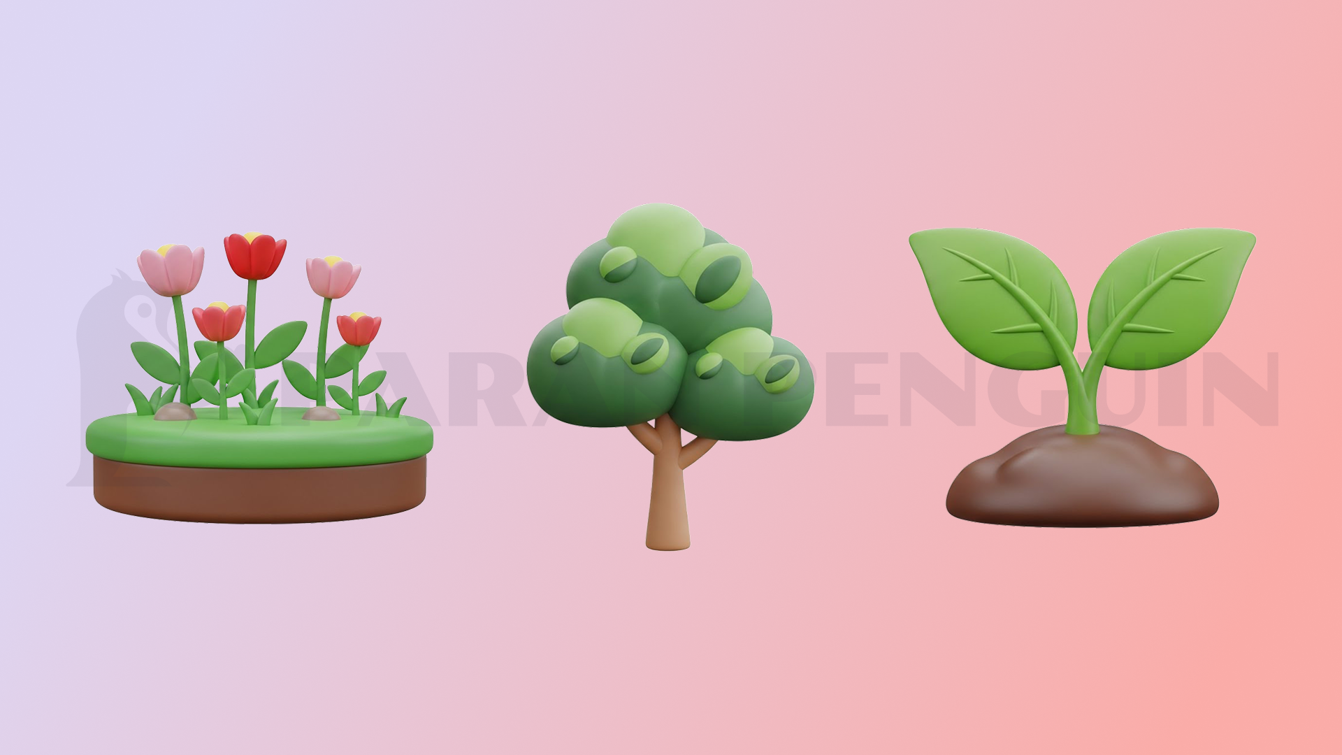 원예, 꽃밭, 나무, 새싹, 3D, 아이콘, 일러스트